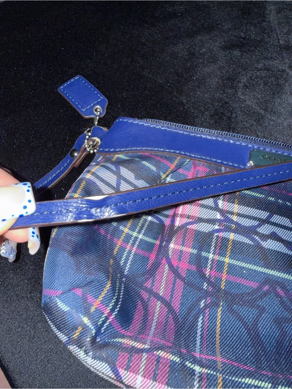 Coach Poppy Navy Plaid Wristlet with Pink and Yellow Accents
